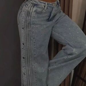 High-Waisted Rhinestone Embellished Side Button Jeans